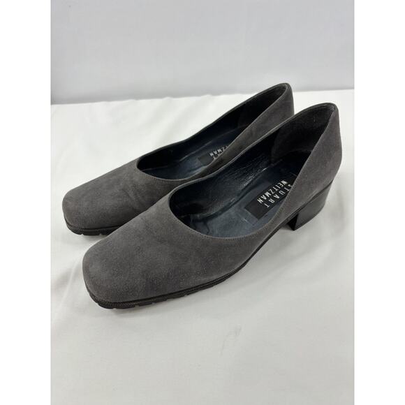 Stuart Weitzman Low Heel Pumps Dark Grey Suede Size 8 Square Toe Low Block Heel - Picture 1 of 14